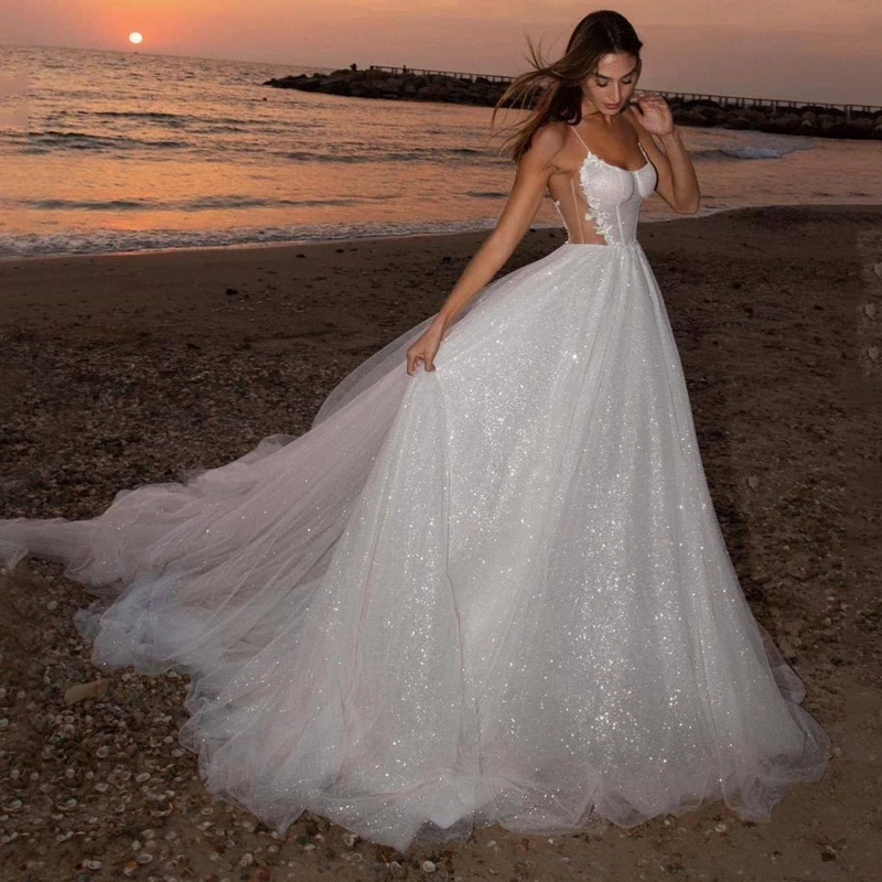 

Scoop Spaghetti Straps Illusion Long Sleeve Pleats Backless Sparkle Tulle A-Line Wedding Dress Bridal Gown Vestido De Noiva