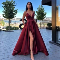 2022 simple satin v neck prom dresses sexy spaghetti strap slit evening gowns for women party dress robe de soir%c3%a9e femme