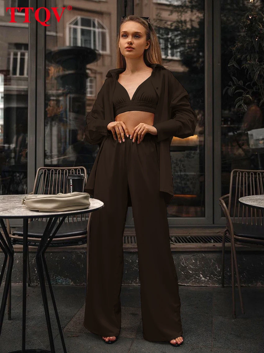 

TTQV Casual Loose Brown Three Piece Sets Womens Outifits Elegant Long Sleeve Solid Shirts Sexy Bra And High Waisted Trousers Set