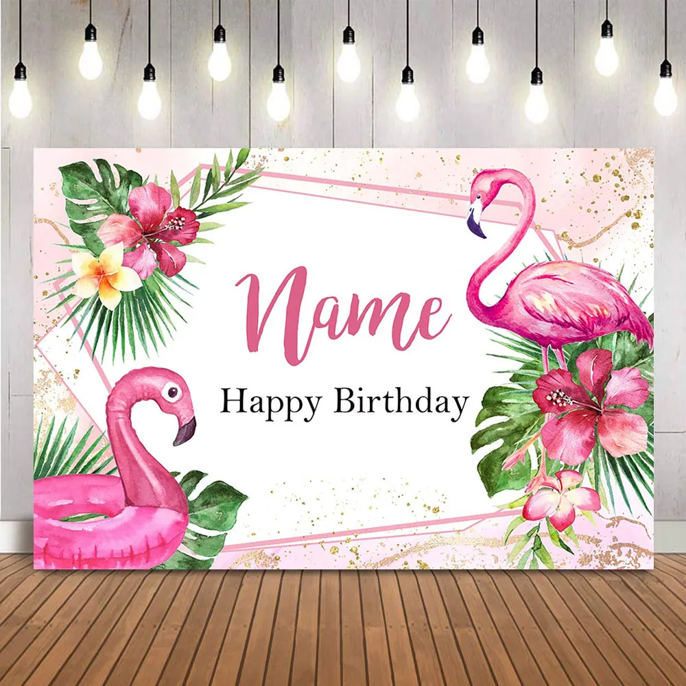 

Pink Flamingo Birthday Backdrop Customize Name Happy Birthday Theme Party Decoration Green Leaves Summer Aloha Beach Decorations