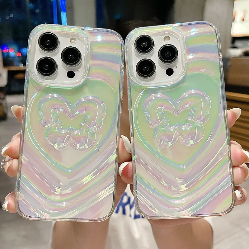 

Luxury Laser 3D Heart Butterfly Phone Case For iPhone 14 13 12 Pro Max Cases Water Ripple Soft Silicone Shockproof Cover Shell