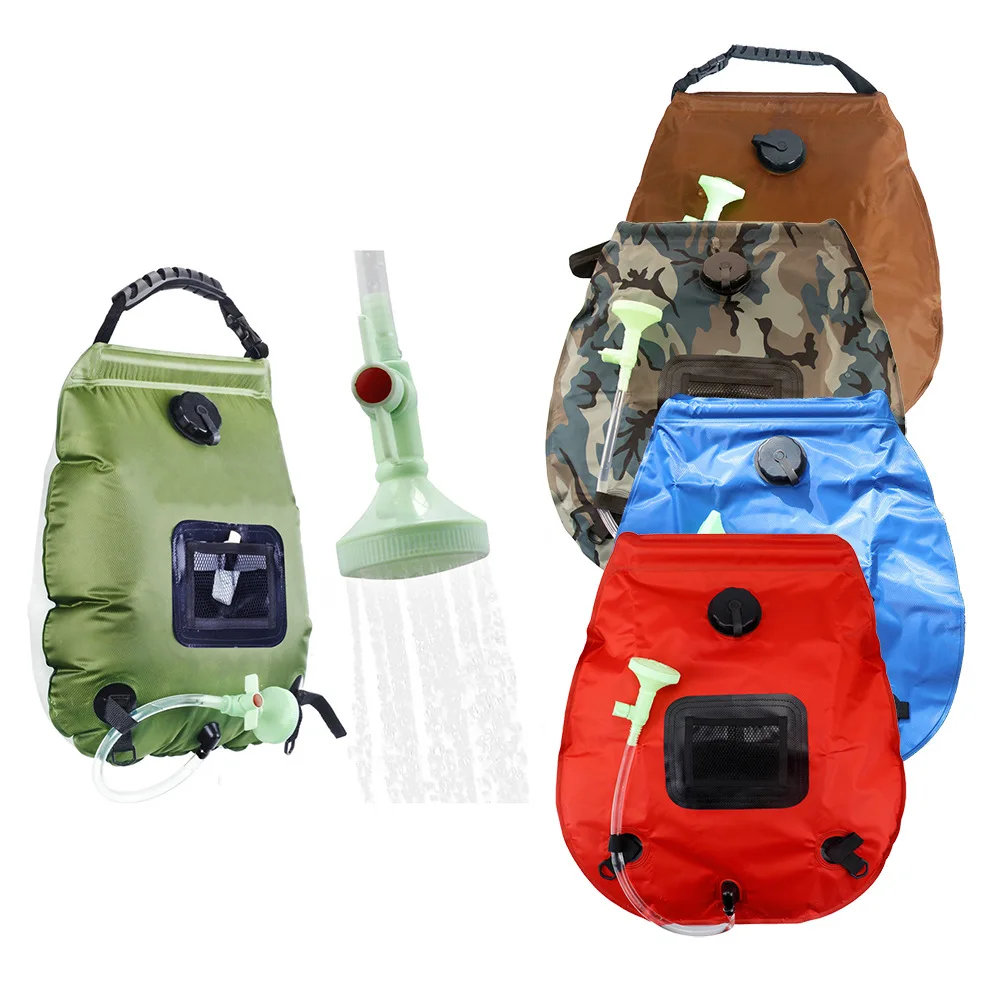 Bolsas de agua de 20L para acampar al aire libre, senderismo, ducha Solar, calefacción, Camping, escalada, bolsa de hidratación, manguera conmutable, cabezal de ducha