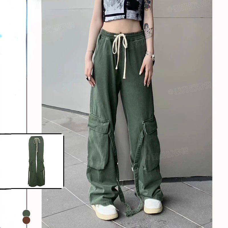

Green Loose Cargo Pants Tie High Waist Wide Leg Cargo Pants Style Street Casual Fashion Y2k Ladies Ladies Fall Y2k Pants