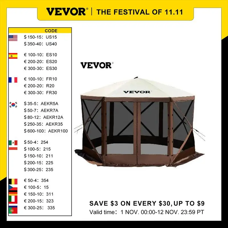 

VEVOR Pop-up Camping Gazebo Camping Canopy Shelter 6 Sided 12' x 12' / 10' x 10' Sun Shade Tents & Canopies Camping & Hiking