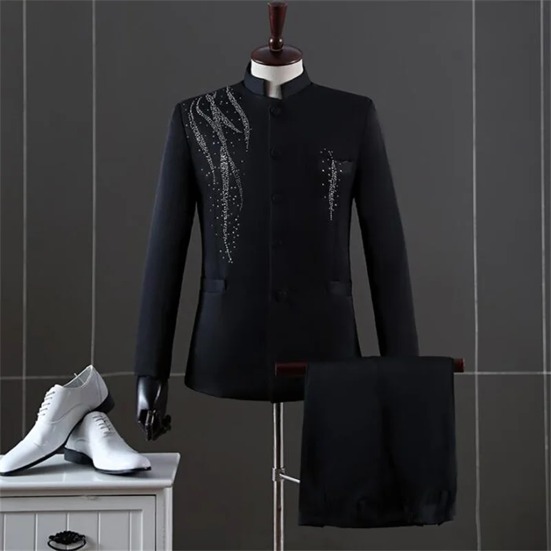 Chinese tunic suit mens diamond blazers youth stand collar student costumes hommes groom wedding dress Tang suit white black