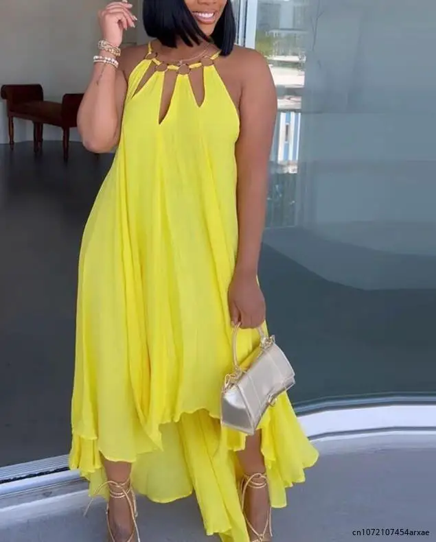 

Elegant Dresses for Women Cutout O-Ring Decor Asymmetrical Casual Dress New Fashion 2023 Summer Casual Female Clothing Outfits