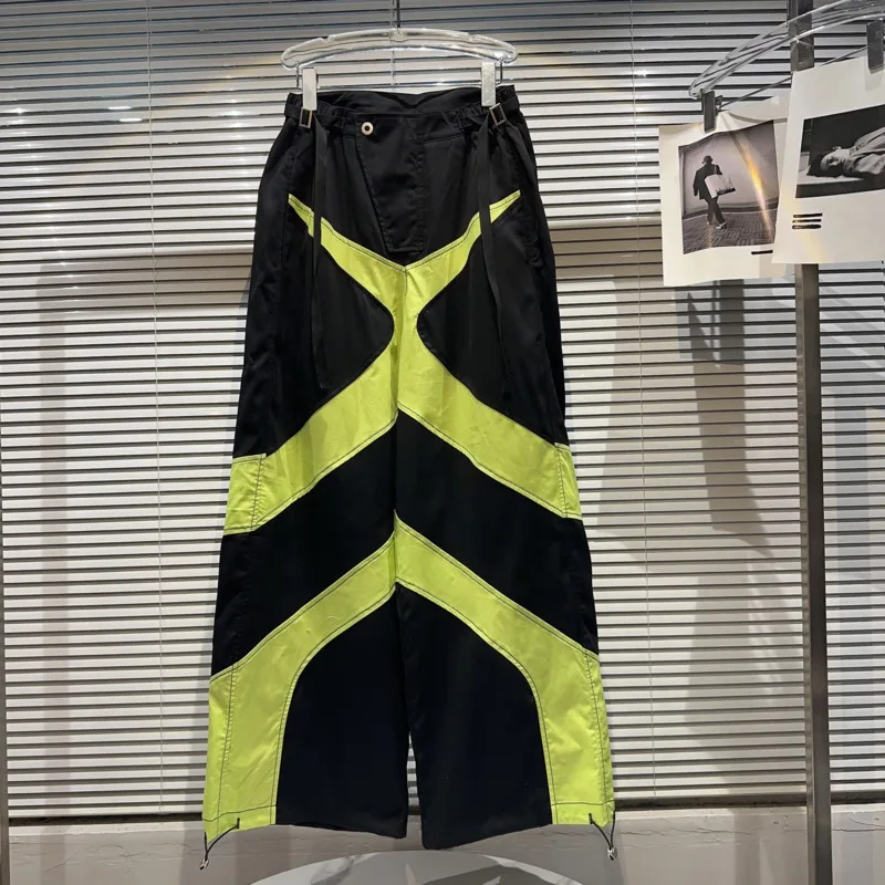 

PREPOMP 2023 Summer New Arrival Drawstring Waist Fluorescent Green Contrast Color Wide Leg Pants Women Cargo Trousers GK915