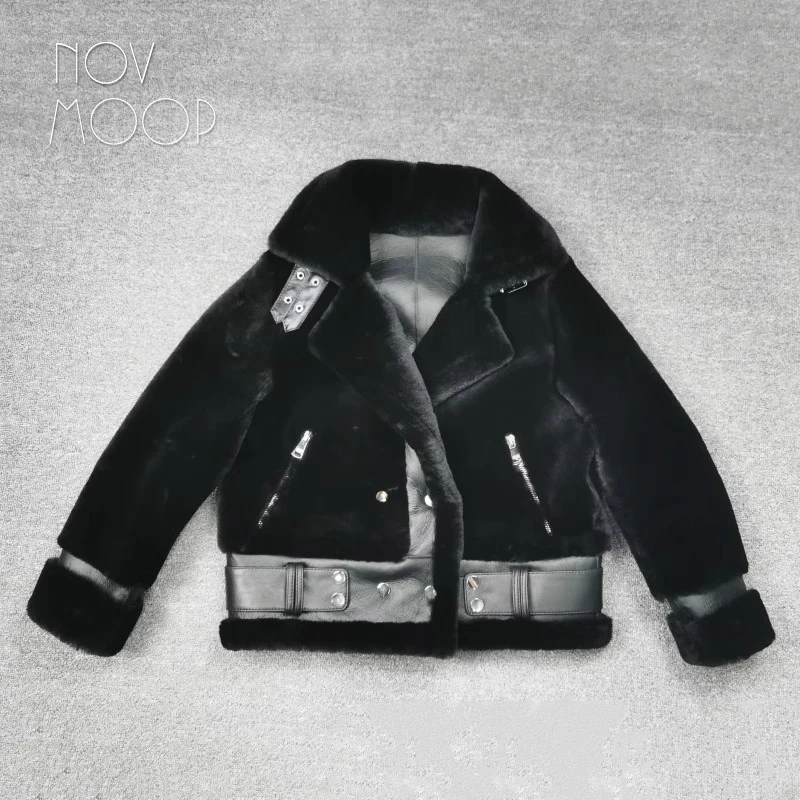 Novmoop Женская мотоциклетная зимняя куртка из натуральной кожи с классическим