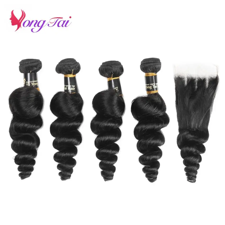 YuYongtai Brazilian Hair Weave 4 Bundles With Lace Closure 4x4 Loose Wave Human Hair Extenions Natural Black Non-Remy Hair