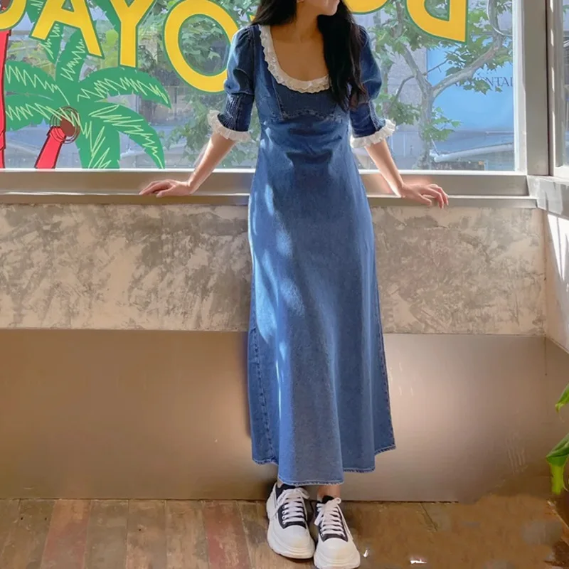

Women Lace-trimmed Flared Denim MidI Dress Sleeve Sweet U Neck Female High Waist Robes 2022 new