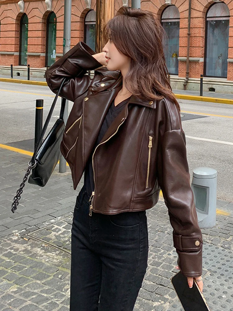 New Women Autumn Winter Faux Leather Jackets Zipper Basic Coat Turn-down Collar Motor Bike Short Jacket Korean Fashion  L49