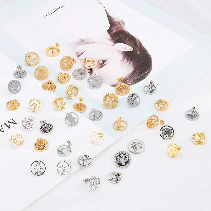 

New Fashion Women Gold Silver Color Rose Stainless Steel Round Small Black Earrings Jewelry