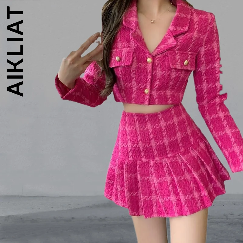 

Aikliat Fashion Women Set Crop Top Woolen Short Jacket Coat + Mini Skirts 2 Piece Set Womens Sexy Female Sweatsuits For Women