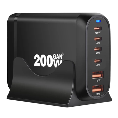 Настольное Зарядное Устройство GaN Мощностью 200 Вт, 6 Портов USB Type C PD, Быстрая Зарядка 3.0