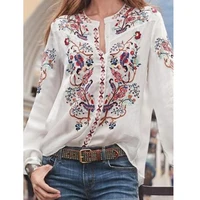 2022 v neck shirt long sleeve pullover shirts casual top fashion bohemia ethnic style printing vintage casual womens blouses