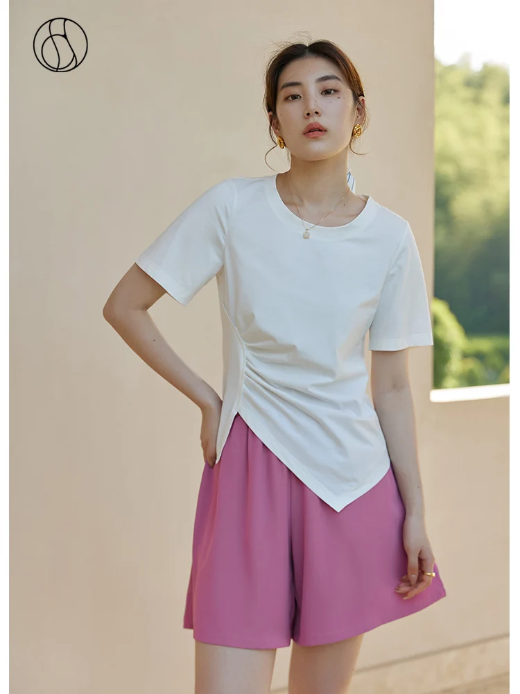 

DUSHU Round Neck Front Shoulder Short Sleeves Women Asymmetrical Hem Solid Color T-shirt Summer Commuter All-Match Tees