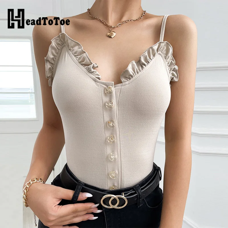 

Buttoned Frill Hem Spaghetti Strap Bodysuit