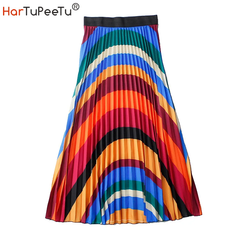 Pleater Midi Skirt Women Rainbow Striped Chiffon Elastic High Waist Skirts Elegant Colourful 2022 Summer Autumn Vestidos Mujer