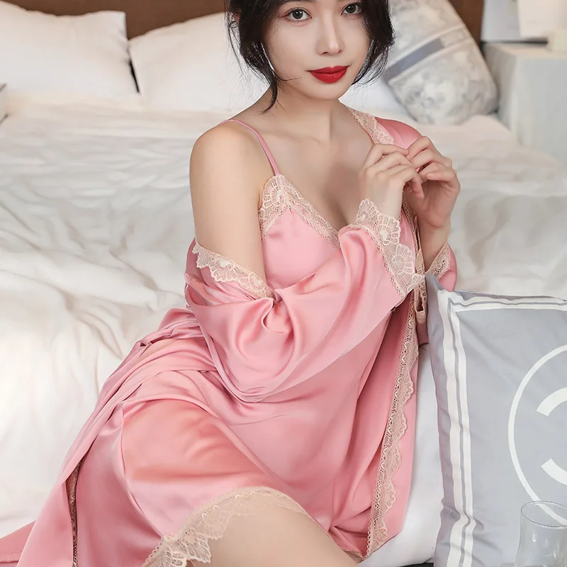 

Wedding Party Robe Sleepwear Women Kimono Bathrobe Sexy Lace Satin Patchwork Home Dressing Gown Loungewear Casual Nightgown