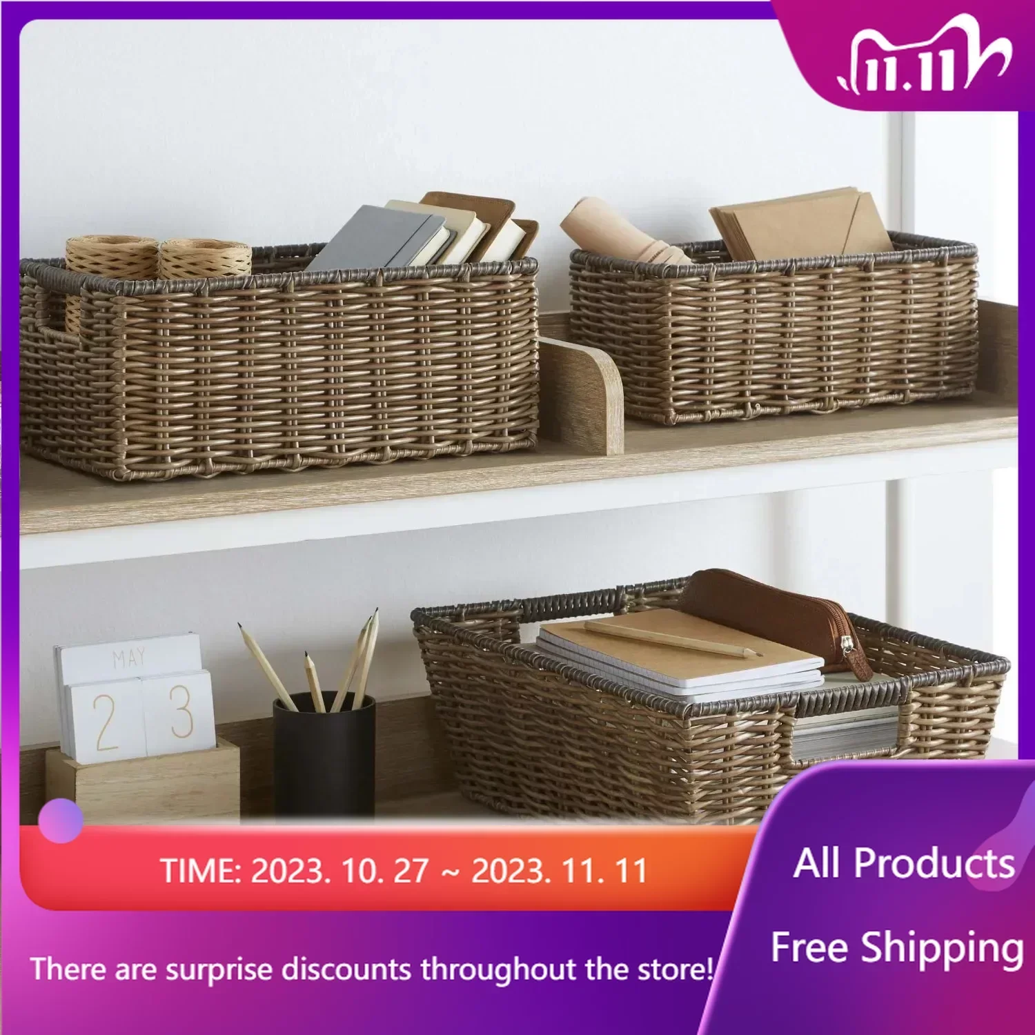 

Poly Rattan Storage Basket with Cut-Out Handles Fast Transportation Sales Promotion
