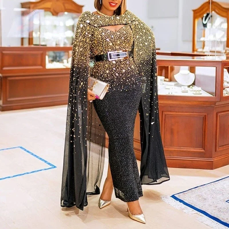 

2022 new women elegant top quality evening party cloak long dress sexy sheath gradient sequined evening dress