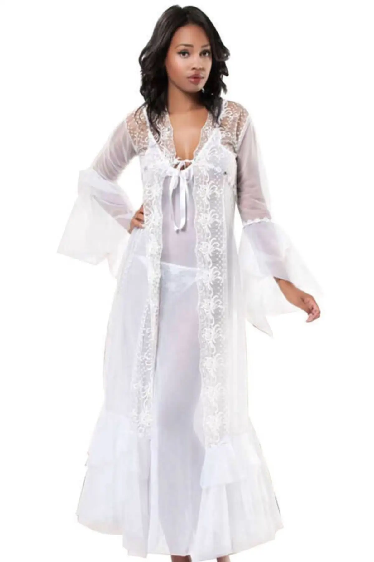 

Dressing Gown White Lace Detailed Chiffon Nightgown 1485 Bathrobe Peignoir Kimono Bride Sleepwear Nightgown Gown