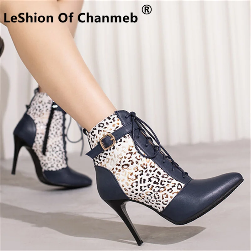 

LeShion Of Chanmeb Sexy Thin High Heeled Boots Women Pointy Toe Cross-tied Lace-up Buckle Leopard Boots Lady Shoe Big Size 34-50