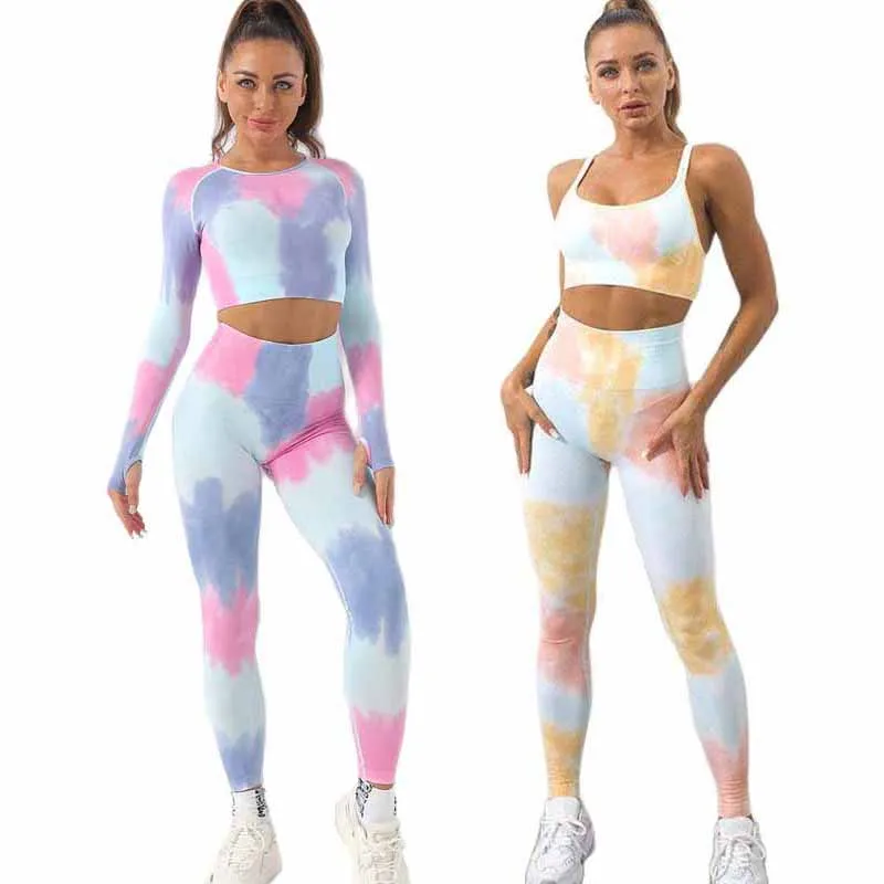 

Women Tie Dye Yoga Set Workout Clothes Athletic Wear Sports Gym Legging Seamless Fitness Bra Crop Top Long Sleeve Yoga Suit