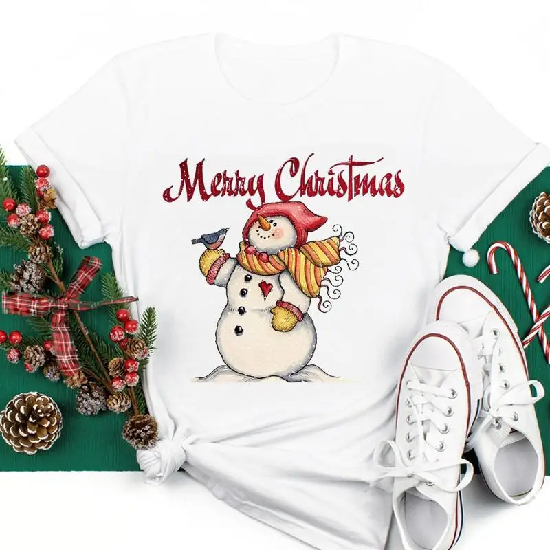 

Merry Christmas snowman short sleeve 90s cute Women New Year Vacation Holiday Graphic Tees Ladies Top Tshirt Fashion T T-shirt
