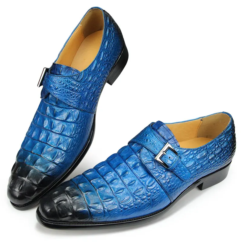 Men‘s Formal Leather Shoes Genuine Leather Crocodile Pattern Classic Style Loafers Wedding Busine Buckle Strap Pointed Toe Shoes