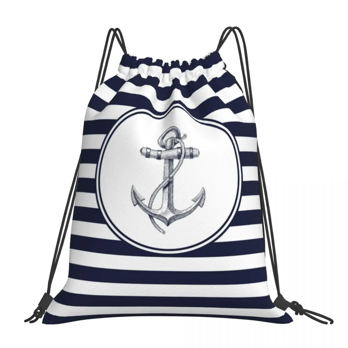 

Anchor And Navy Blue Stripes Backpacks Multi-function Portable Drawstring Bags Drawstring Bundle Pocket Sports Bag Book Bags