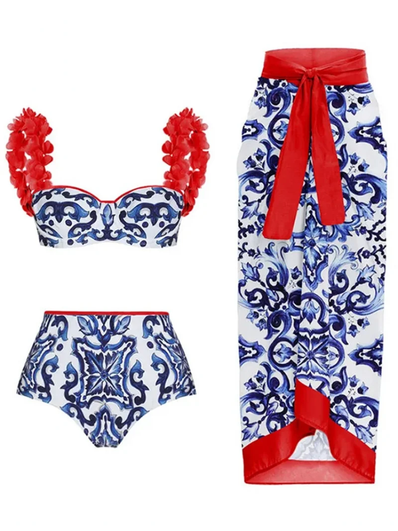 3 Piece Sets Swimsuit Cover-up Women Clothes Crop Tank Tops Bikini Set And Skirt Fitness Skinny Outfit Three Piece Suit Summer