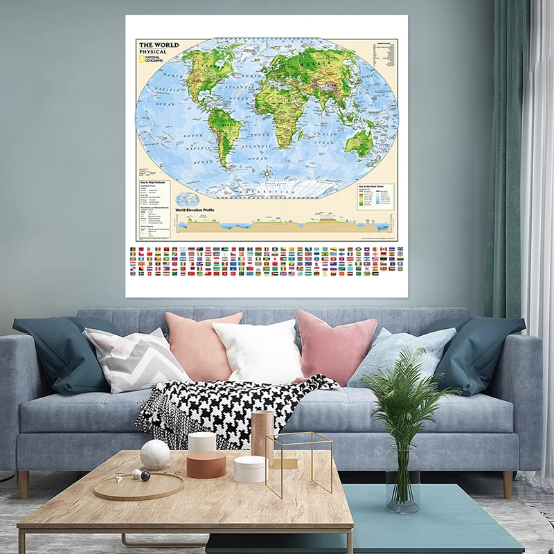 

Classic Edition World Map with National Flag 90x90cm Vintage Non-woven Fabric Art Background Cloth Wall Chart Home Decor