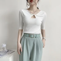 autumn 2022 v neck half sleeve womens sweater pullovers korean hollow out criss cross winter casual knit basic tops femme