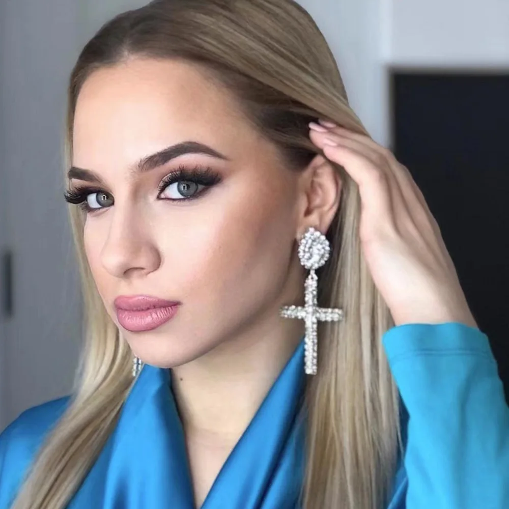

New Trend Sparkling Rhinestone Cross Earrings Women's Earrings Dinner Wedding Accessories Fashion Luxury Statement Jewelry