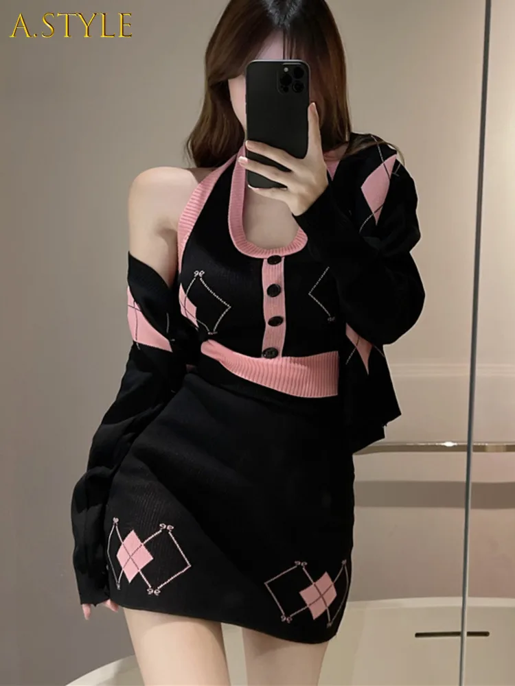 

A GIRLS New Spring Casual 3 Piece Set Short Cardigan Coat + Sexy Vest + Bodycon Mini Skirts Sets Female Three Piece Suits