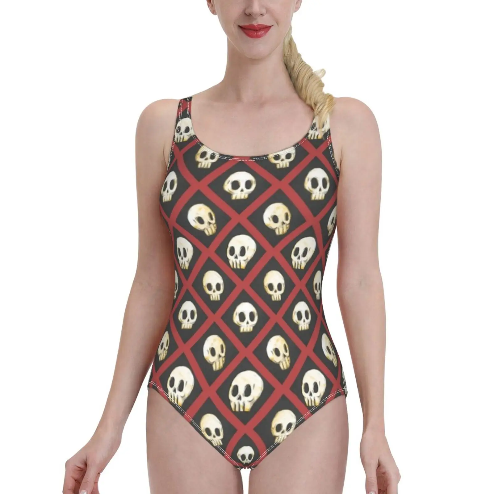 Tiling Skulls 2 / 4-Red One Piece Swimwear One Shoulder Ruffle Swimsuit Women Backless Bathing Suit Skull Spooky Emo Goth images - 6