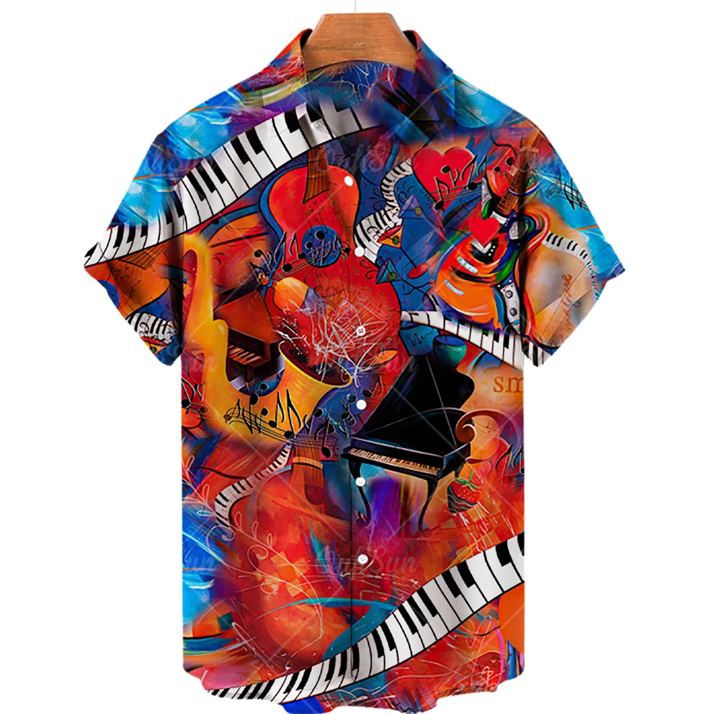

2022 Гавайская Мужская рубашка с пуговицами и мультипликационным принтом, Мужская футболка с музыкальным принтом, свободный пляжный топ боль...