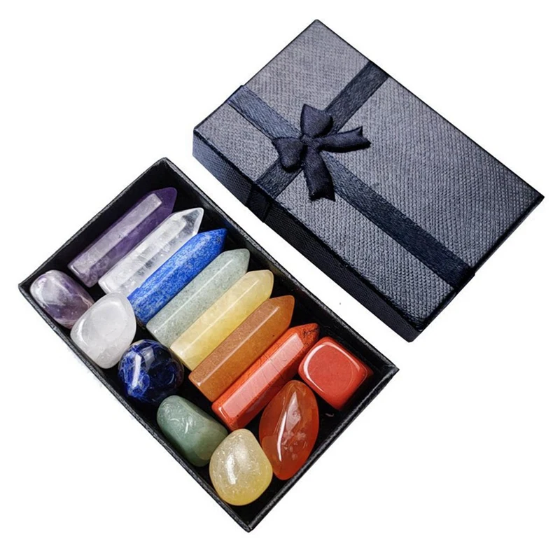 

14Pcs Seven Chakra Energy Healing Stone Combination Set Natural Crystal Gemstone Hexagonal Column Ornaments Gifts Box