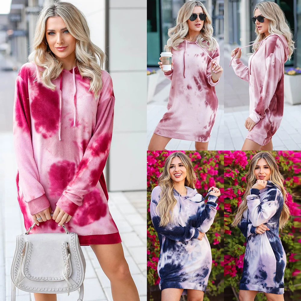 

Casual elegant sexy slim print dress, New tie dye printed long sleeve skirt mid length hooded Pullover casual loose dress