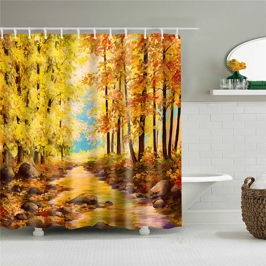 

Fall Plant Trees Scenic Forest Shower Curtain Oil Painting Bathroom Curtains Fabric Waterproof Polyester Bath Curtain with Hooks