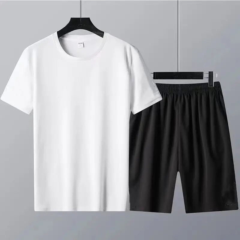 Summer Cotton Men Set Solid Color Short Sleeve T-shirt 2 Piece  Sports Suit Black White Women T shirt and Shorts Free Shipping