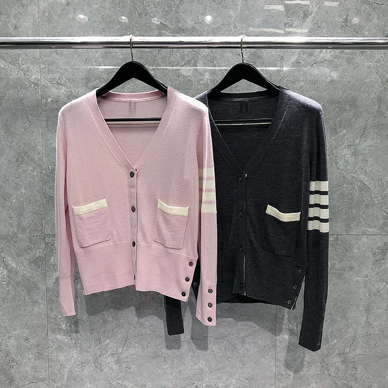 TB THOM Women's Sweaters 2022 Korean Designer Coats Classic Wool White 4-bar Stripes V-neck Cardigans Casual Harajuku Sweater