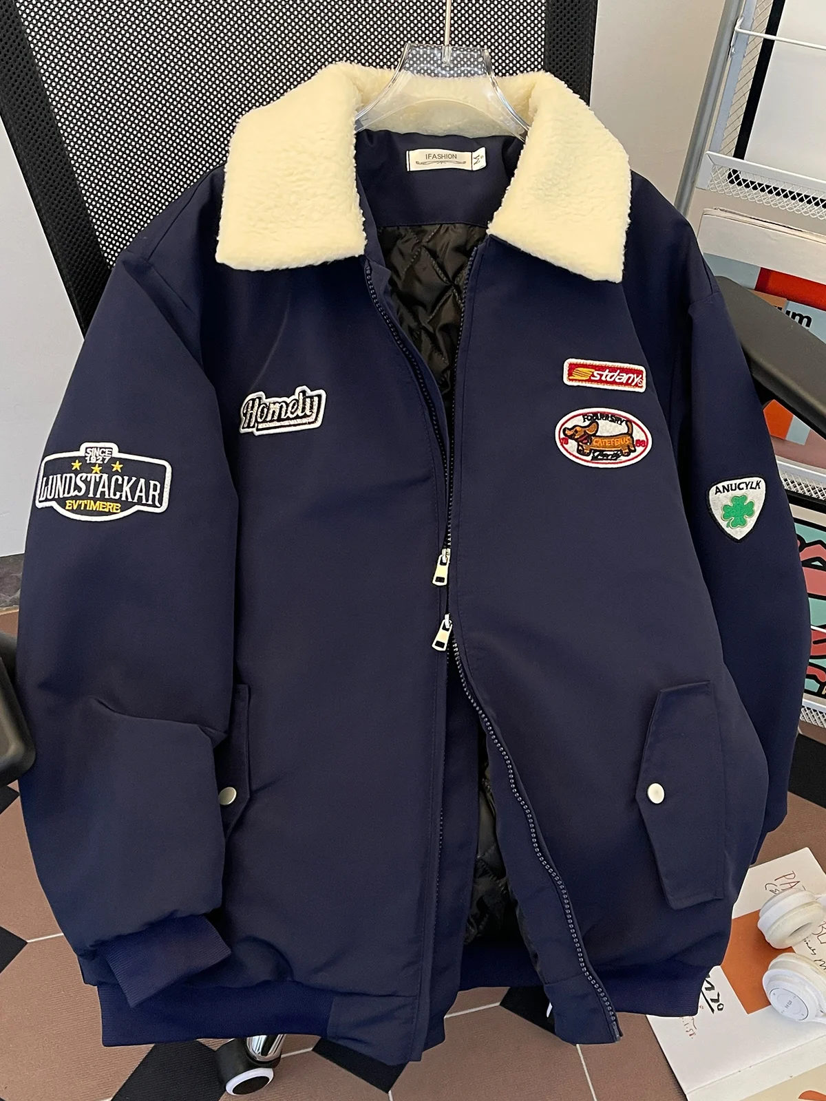 2024 зимнее пальто на флисовой подкладке с лацканами и хлопковой подкладкой