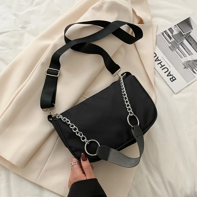 

Women's Handbags Casual Ladies Crossbody Bags Nylon Chain Bag Women Vintage Black Shoulder Bags Girls Bag Solid Color Handbags