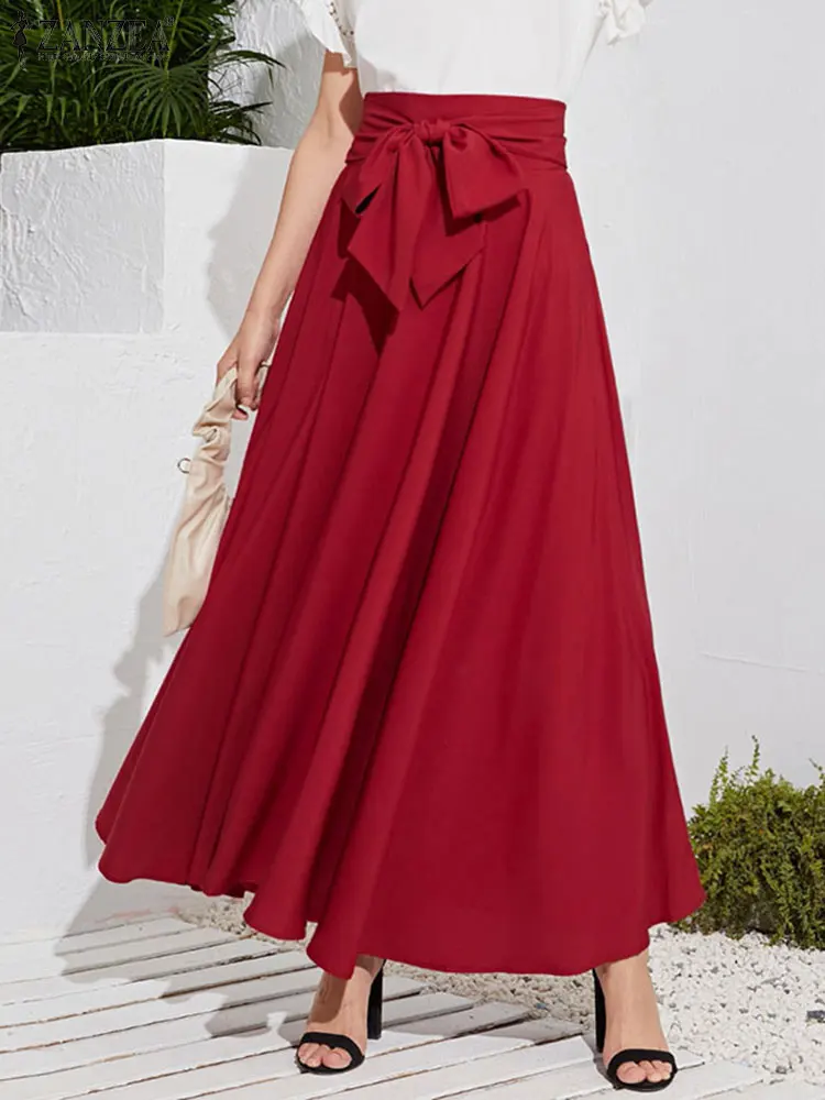 

Летние женские модные юбки ZANZEA, однотонные трапециевидные юбки с завышенной талией, на шнуровке, элегантный повседневный Длинный Сарафан ...