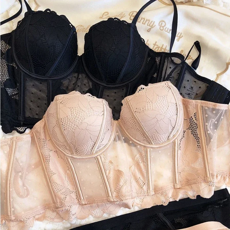 Фото Sexy Thin Lace Bras for Women Hot Girl Mesh Transparent Shaper Lingerie Bralette Night Club Vintage CropTop Sweet Bra Underwear №2