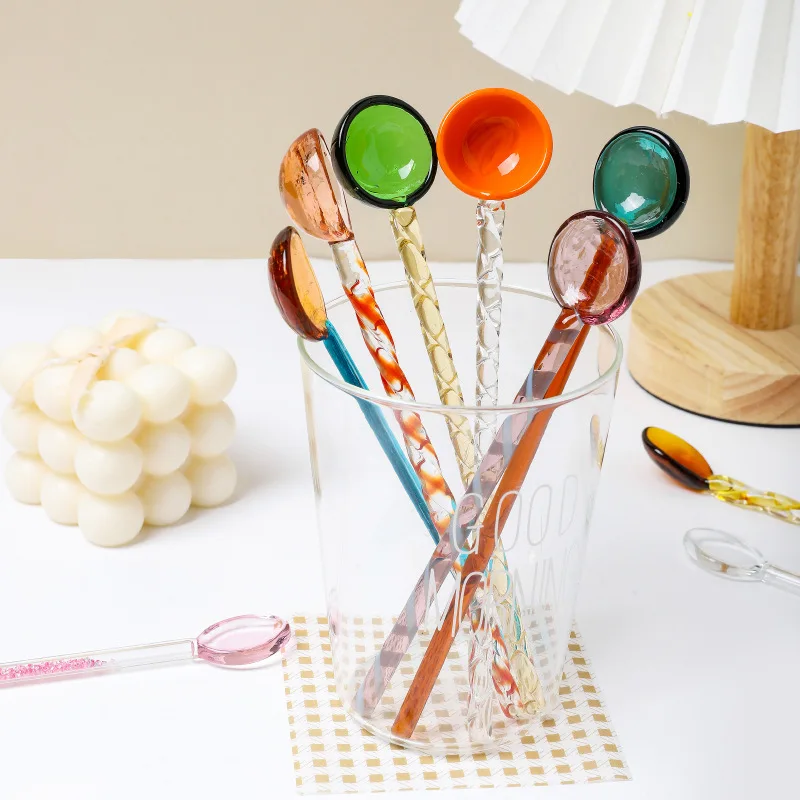 

Decorative Long Handle Ice Cream Dessert Yogurt Spoon Stained Glass Milk Coffee Cocktail Stirring Spoon for Wedding Birthday