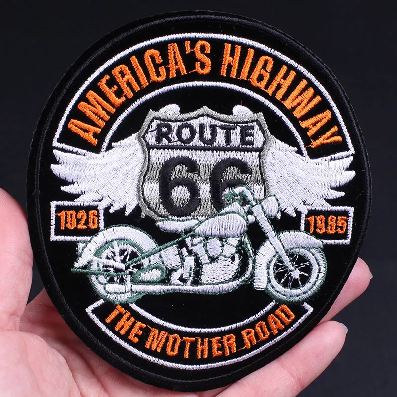 

Clothing Thermoadhesive Patches ROUTE 66 Motorcycle Eagle Wings Iron on Embroidered Patch on Clothes Hippie Fusible Patch Badges