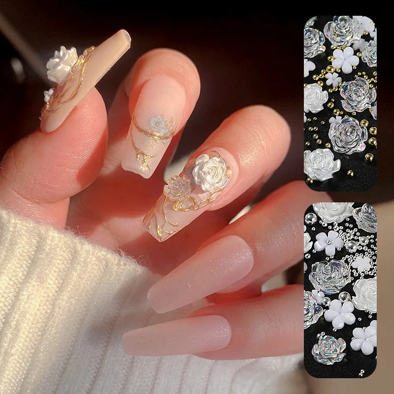

New Product 3D Resin Camellia Symphony/White Glitter Stones Nail Art Decorations DIY Varnish Manicures Nails Art Accessories